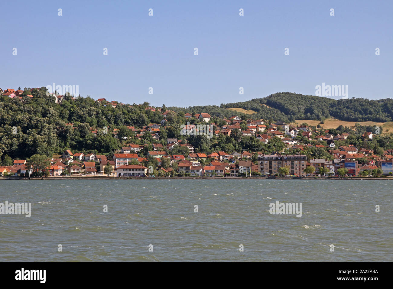 The Donji Milanovac town on the bank of the Danube River, border between Romania and Serbia, Donji Milanovac, Serbia. Stock Photo