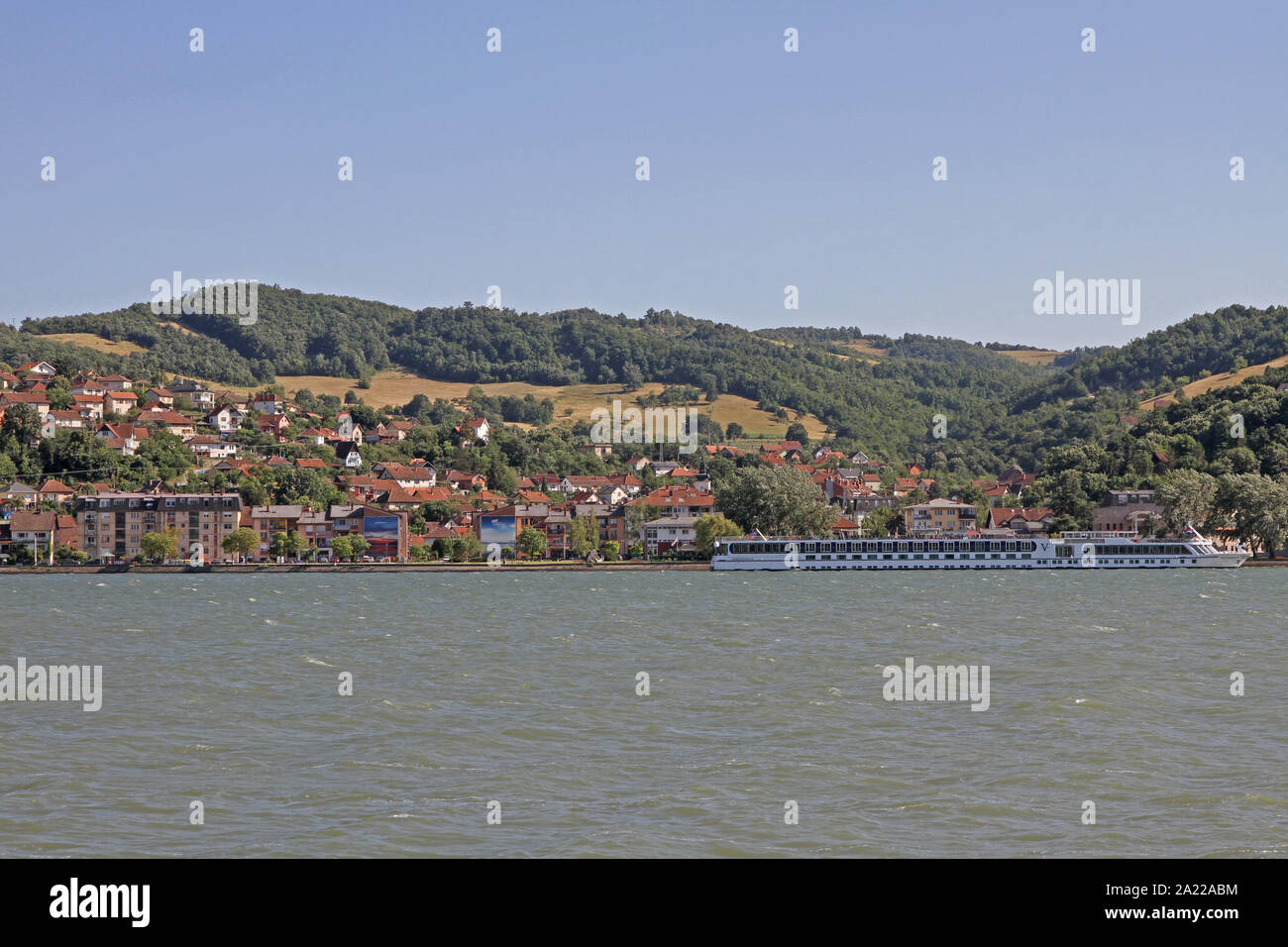 The Donji Milanovac town on the bank of the Danube River, border between Romania and Serbia, Donji Milanovac, Serbia. Stock Photo