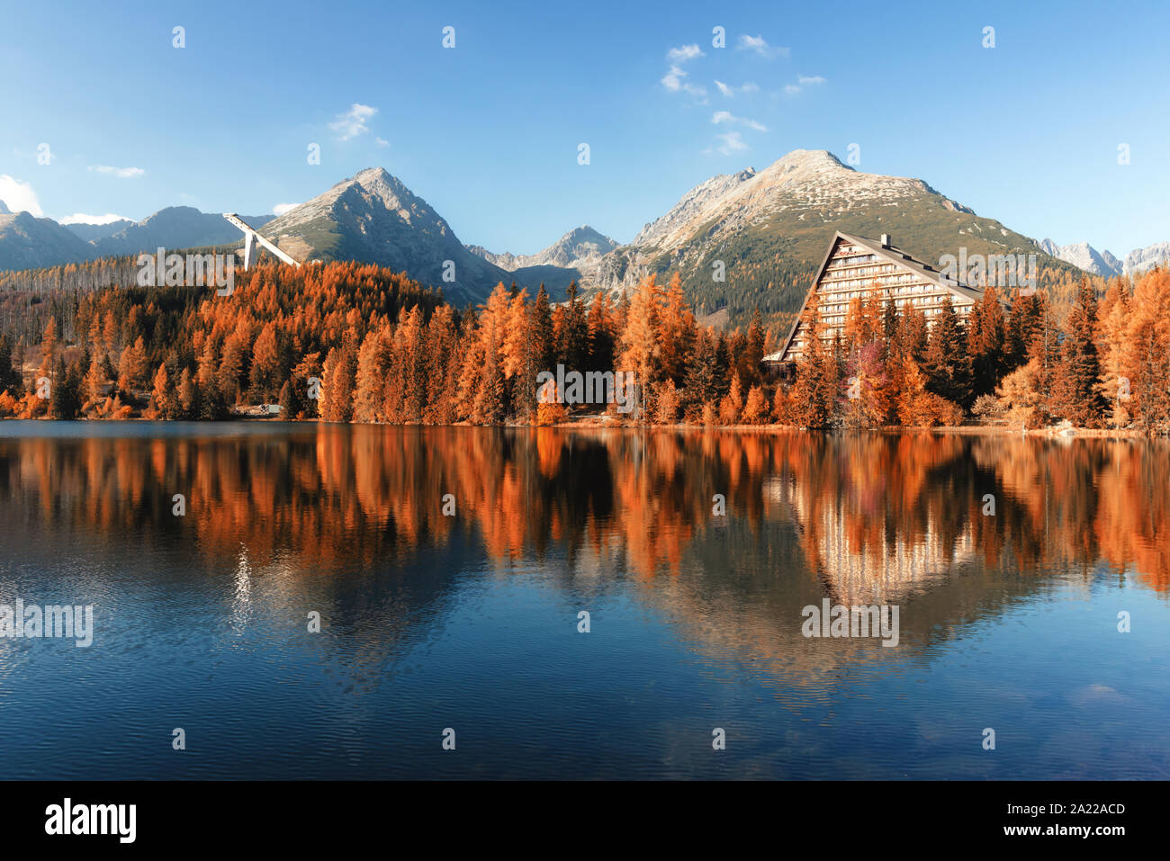 Mountain lake Strbske pleso (Strbske lake) in autumn time. High Tatras national park, Slovakia Stock Photo