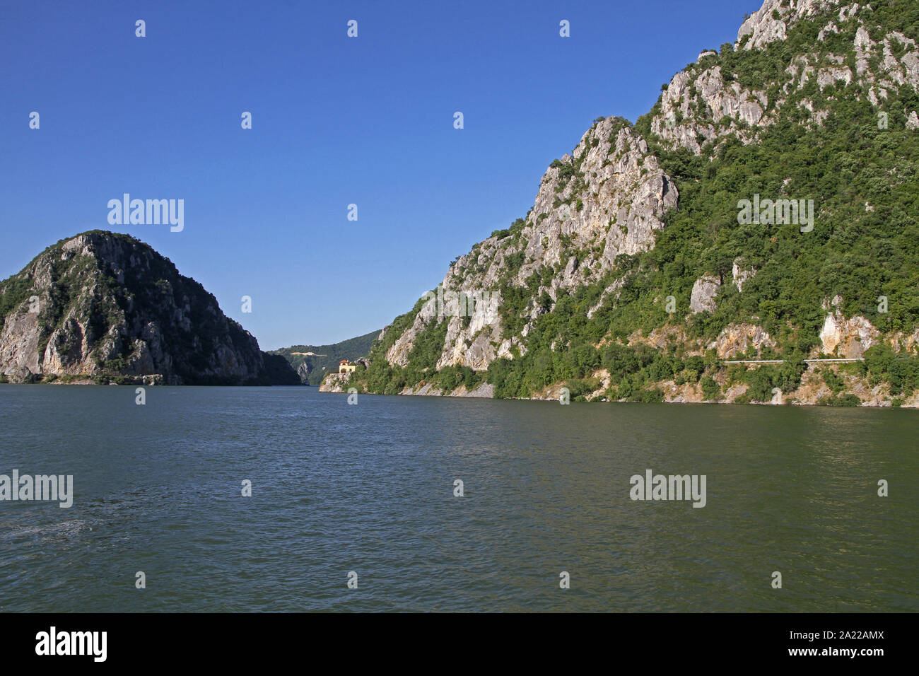 View of Djerdap Gorge and entrance to The Iron Gate and The Great Cauldron on the Danube River, border between Romania and Serbia. Stock Photo
