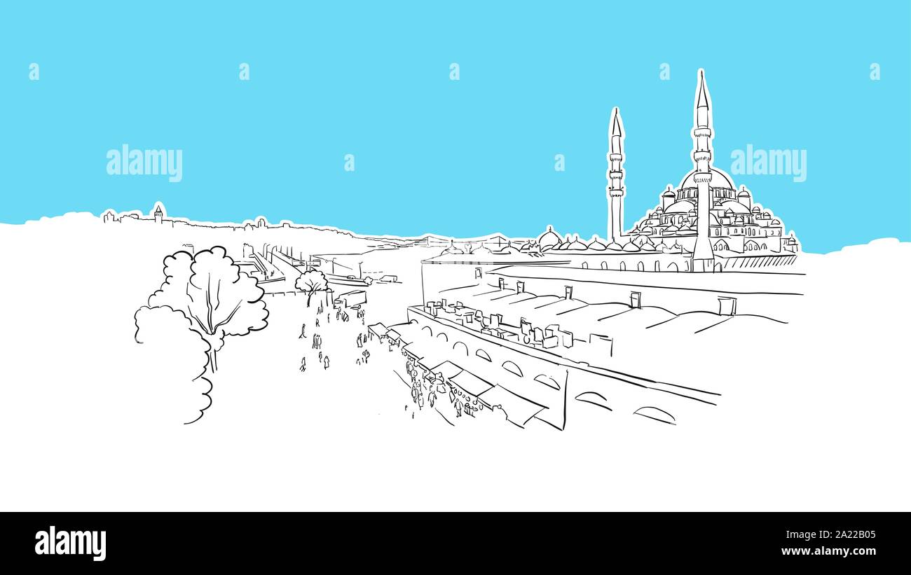 Istanbul Skyline Panorama Lineart Vector Sketch. and Drawn Illustration on blue background. Stock Vector