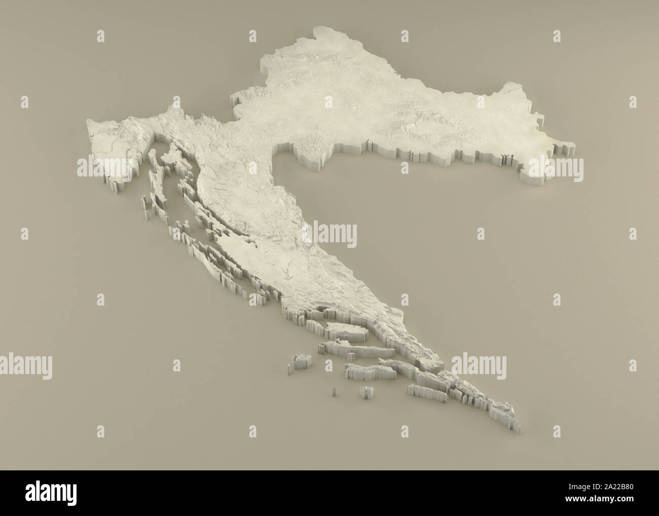 Extruded 3D political Map of Croatia with relief as marble sculpture on a light beige background Stock Photo