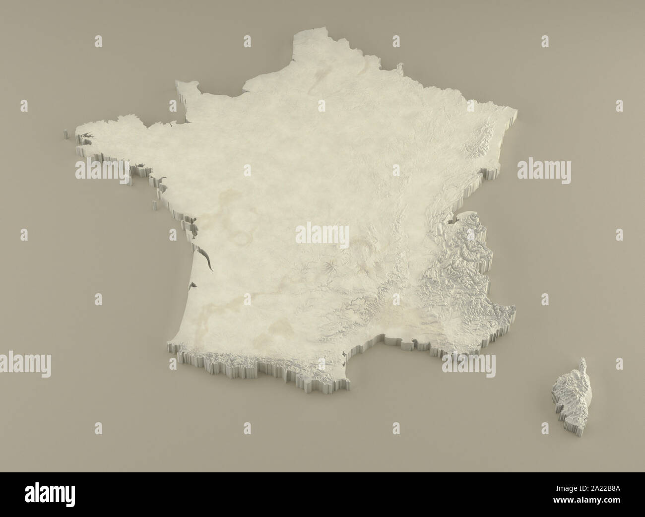 Extruded 3D political Map of France with relief as marble sculpture on a light beige background Stock Photo