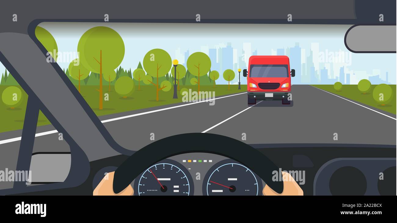 Danger on the road. Danferous incident on the highway. Inside car view. Modern car interior with steering wheel and hands. Big truck on lane. Highway Stock Vector