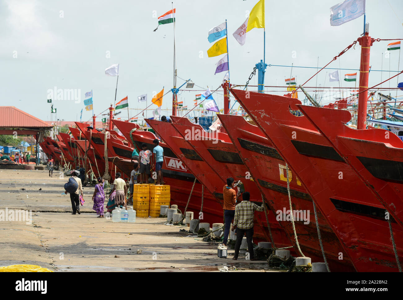 INDIA, Karnataka, Mangaluru, former name Mangalore, trawler in fishing port during monsoon Stock Photo
