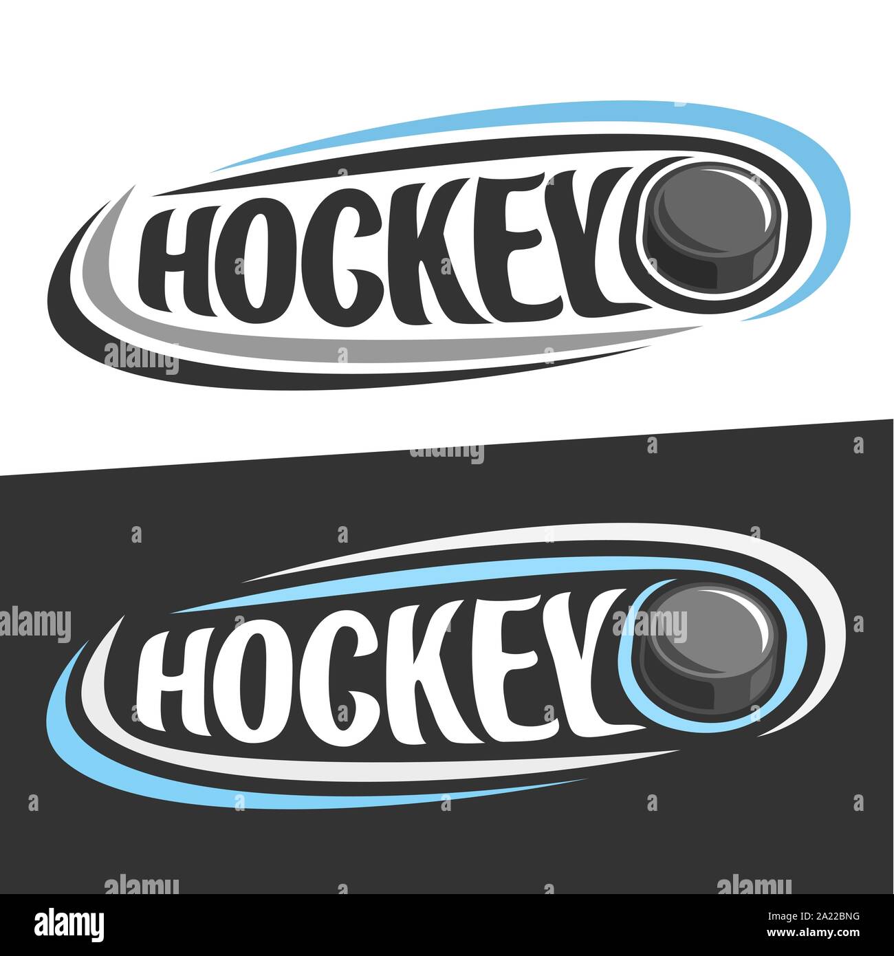 Vector logos for Ice Hockey sport, flying rubber puck and handwritten word hockey on black
