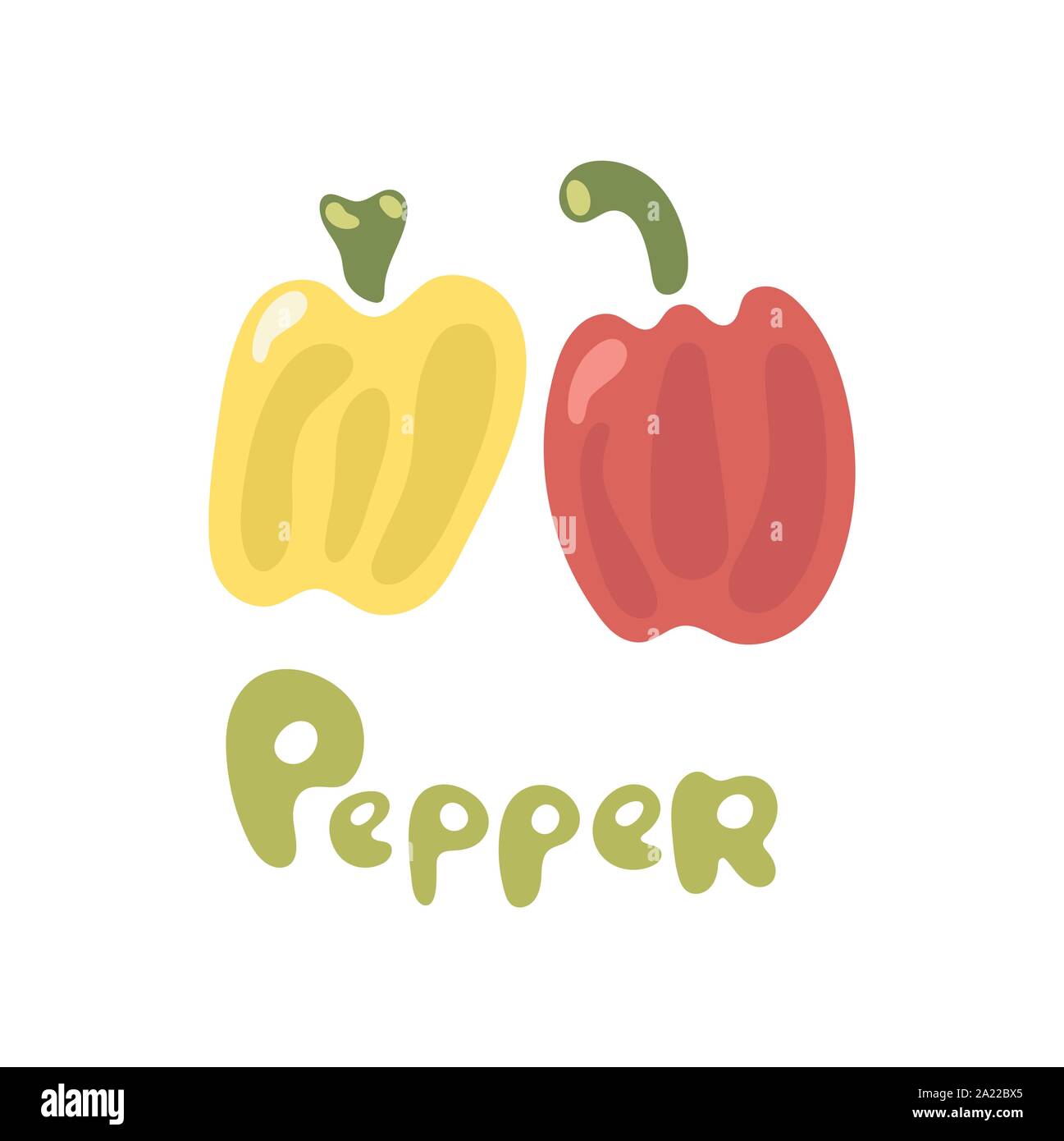 Fresh red and yellow peppers vegetable isolated icon with title. Peppers for farm market, vegetarian salad recipe design. Vector illustration in flat Stock Vector