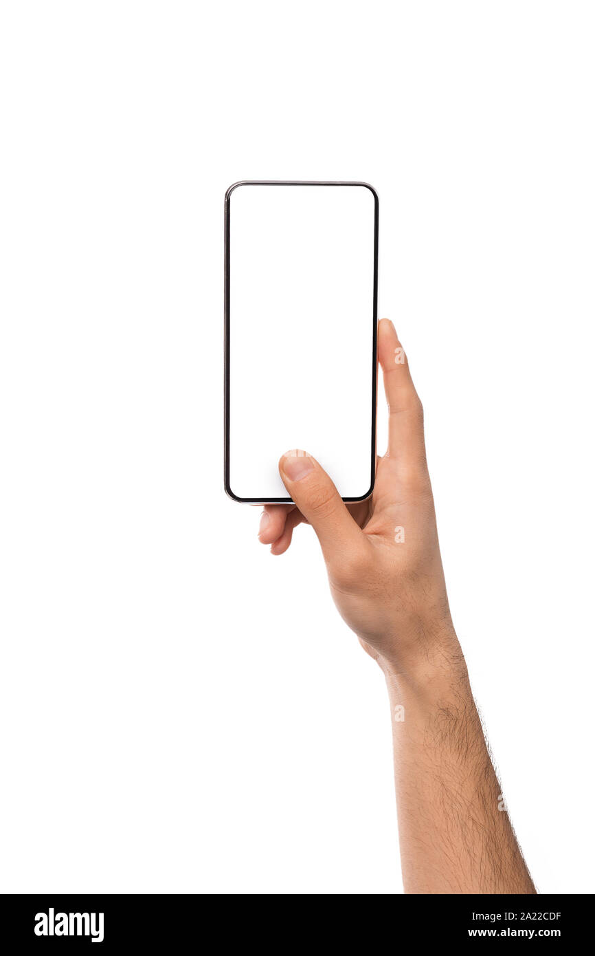 Mockup image of male hand holding smartphone with blank screen isolated ...