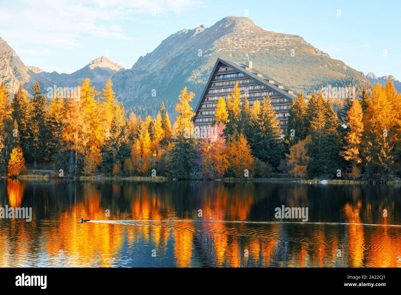 Mountain lake Strbske pleso (Strbske lake) in autumn time. High Tatras national park, Slovakia Stock Photo