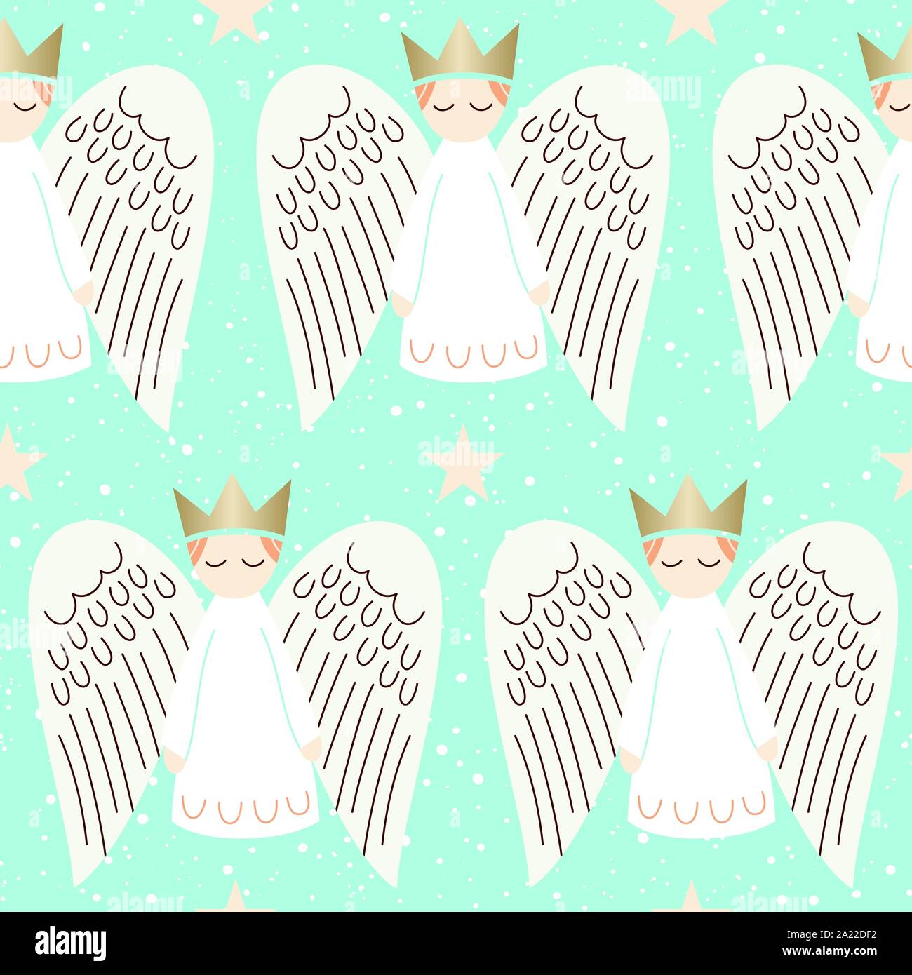 Cute Christmas Holiday Scandinavian Style Angels, Snowflakes and Stars on Aqua Background Vector Seamless Pattern. Minimal Nordic Festive Advent Home Stock Vector