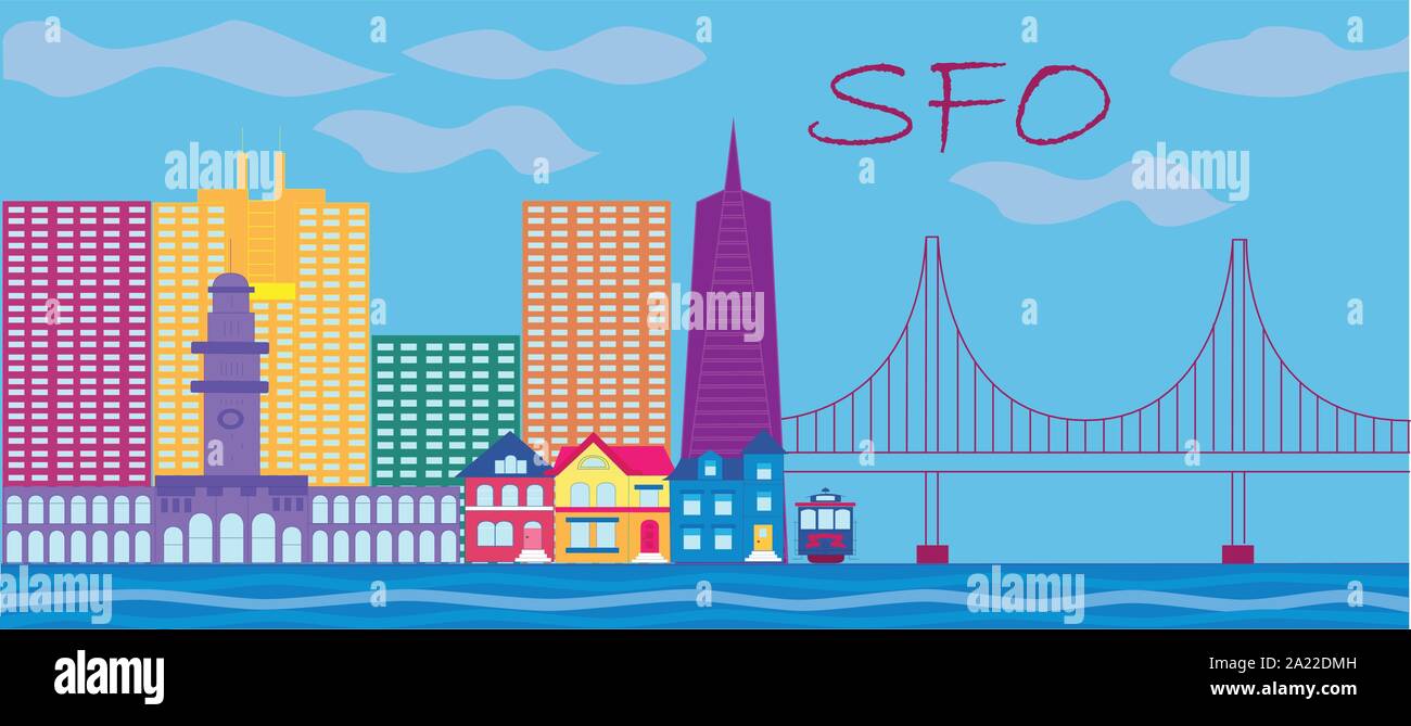 San Francisco red lettering. Vector with skyscrapers, colorful victorian style houses , cable car and golden gate bridge . Stock Vector