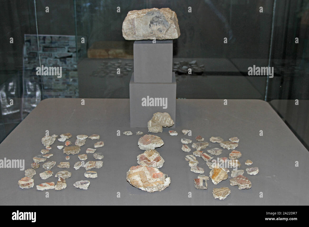 Collection of ancient prehistoric dug up stone fossil fragments in glass display at National Archaeological Museum Djerdap, Kladovo, Serbia. Stock Photo