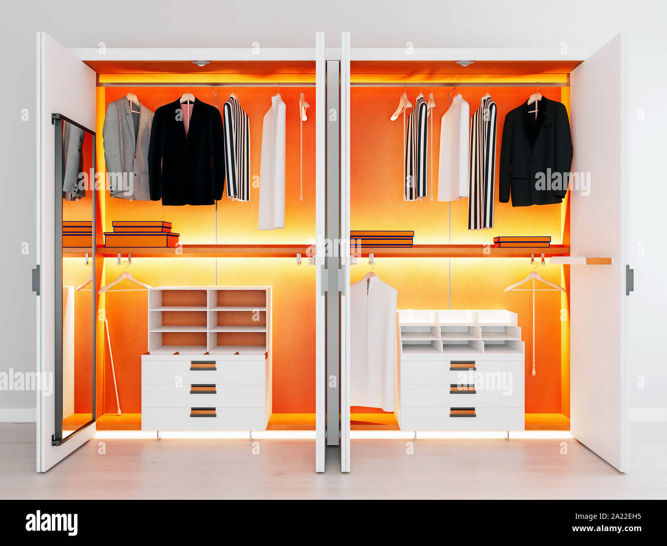 modern white orange wooden and metal wardrobe with men clothes hanging on rail in walk in closet design interior, 3d rendering Stock Photo