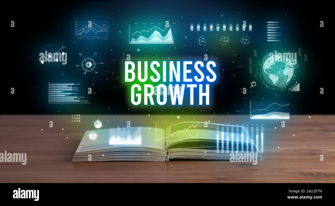 BUSINESS GROWTH inscription coming out from an open book, creative ...