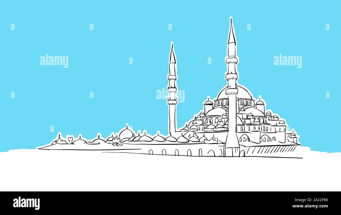 Yeni Cami, Istanbul  Lineart Vector Sketch. and Drawn Illustration on blue background. Stock Vector