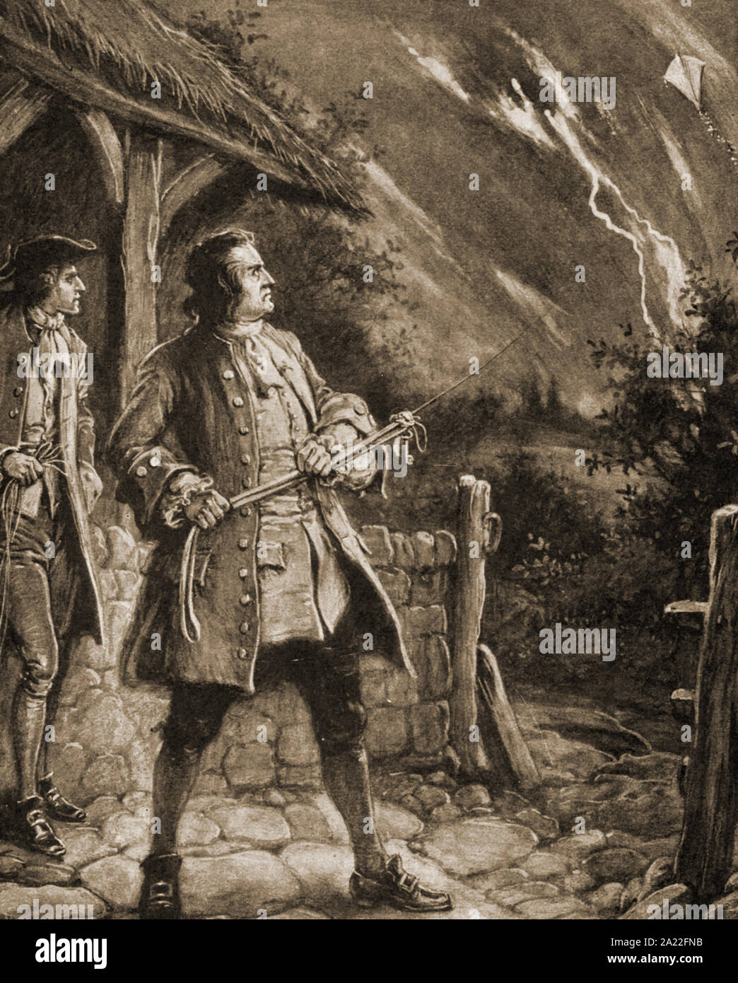 1936 illustration of Benjamin Frankland flying a kite in a thunderstorm. Franklin, a polymath, was a founding father of the USA and was at various times  an inventor (e.g. lightning rod & bifocal spectacles) , humorist, printer, journalist, author, statesman, civic activist, diplomat, writer, printer, political philosopher, politician, Freemason, postmaster, scientist, Stock Photo