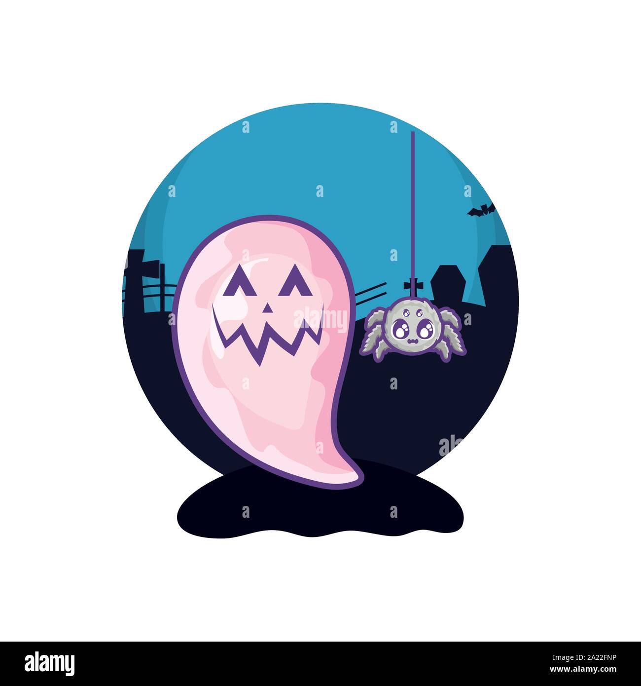 funny halloween ghost with spider on halloween scene vector illustration design Stock Vector