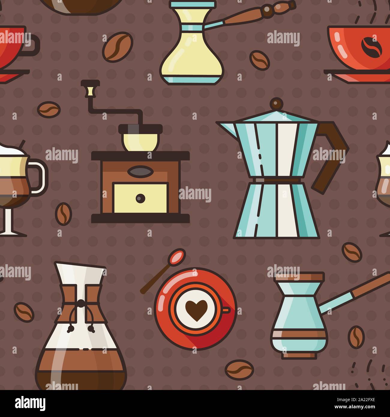 Coffee Pattern with Cups Grinder and Pots Stock Vector