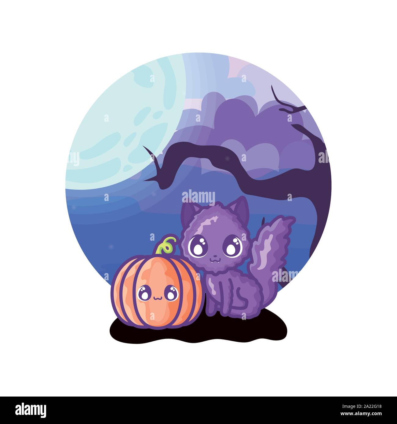 cute cat with pumpkin on halloween scene vector illustration design ...