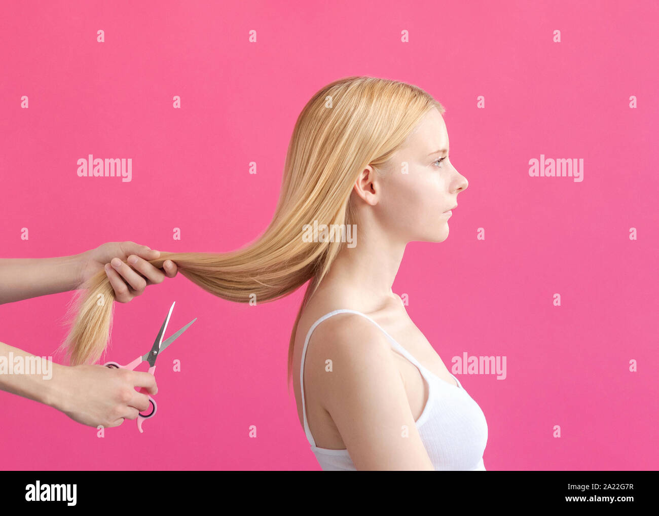 Hairdresser Concept Photo Woman S Hand Is Cutting Off The Long