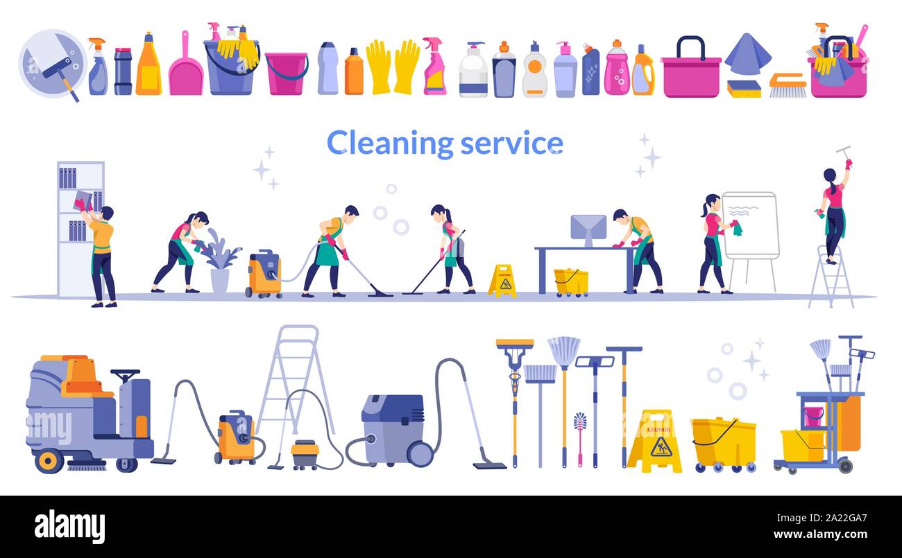 Cleaning service. Team of cleaning service working at office and a ...