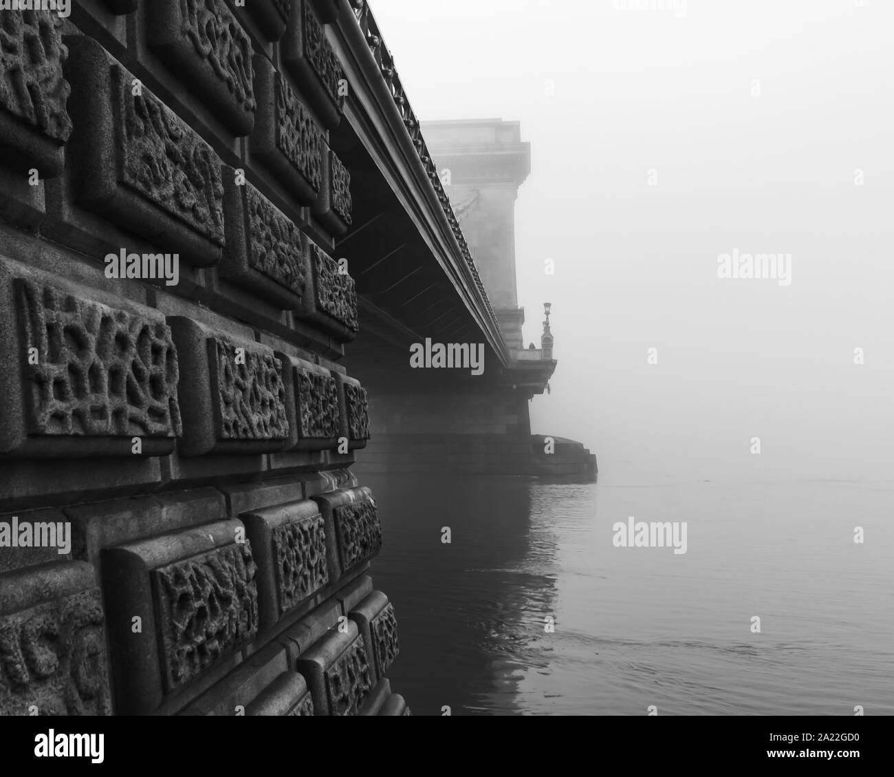 Chain bridge with fog Budapest, Hungary, Danube river. Europe. Stock Photo