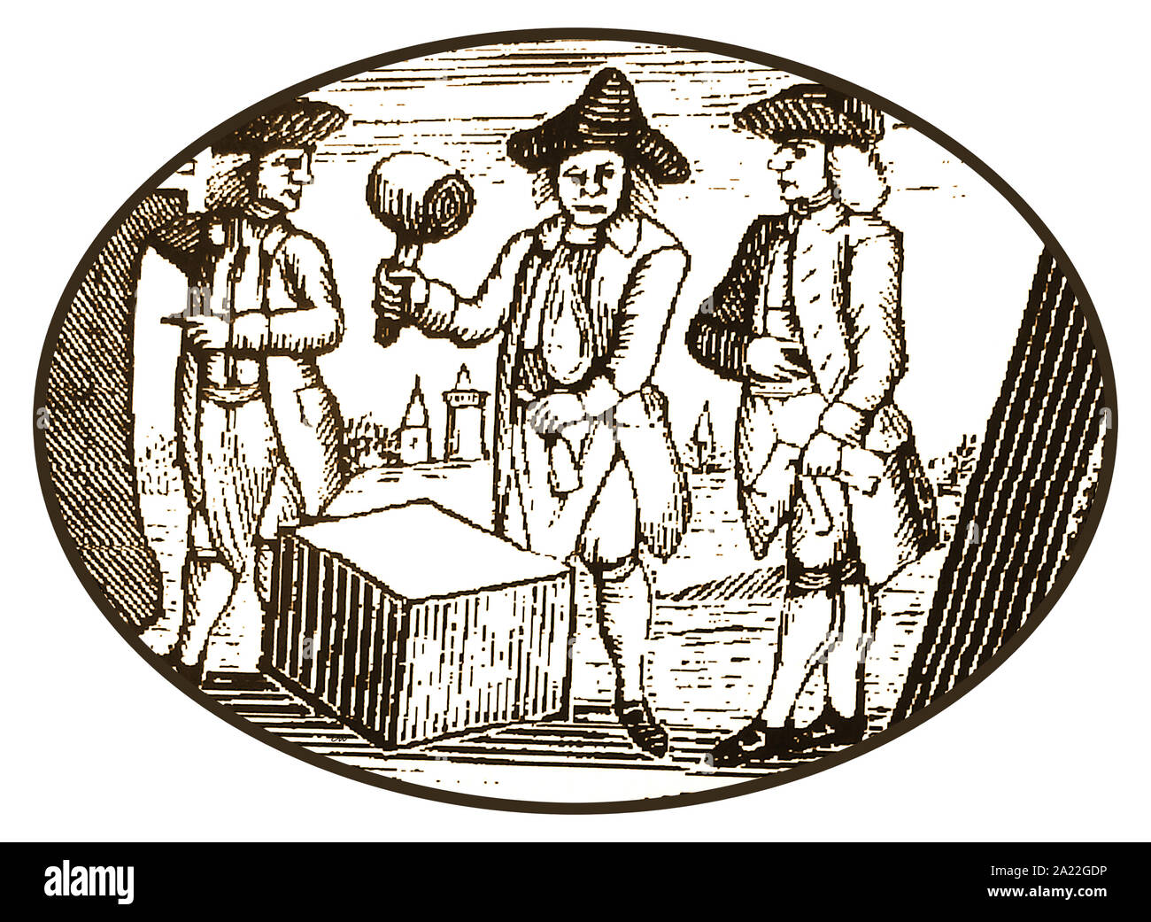 SCAPPLER = 18th century - Two scapplers (stonemason's assistants) stand each side of a master mason - from a 1700s woodcut) Stock Photo