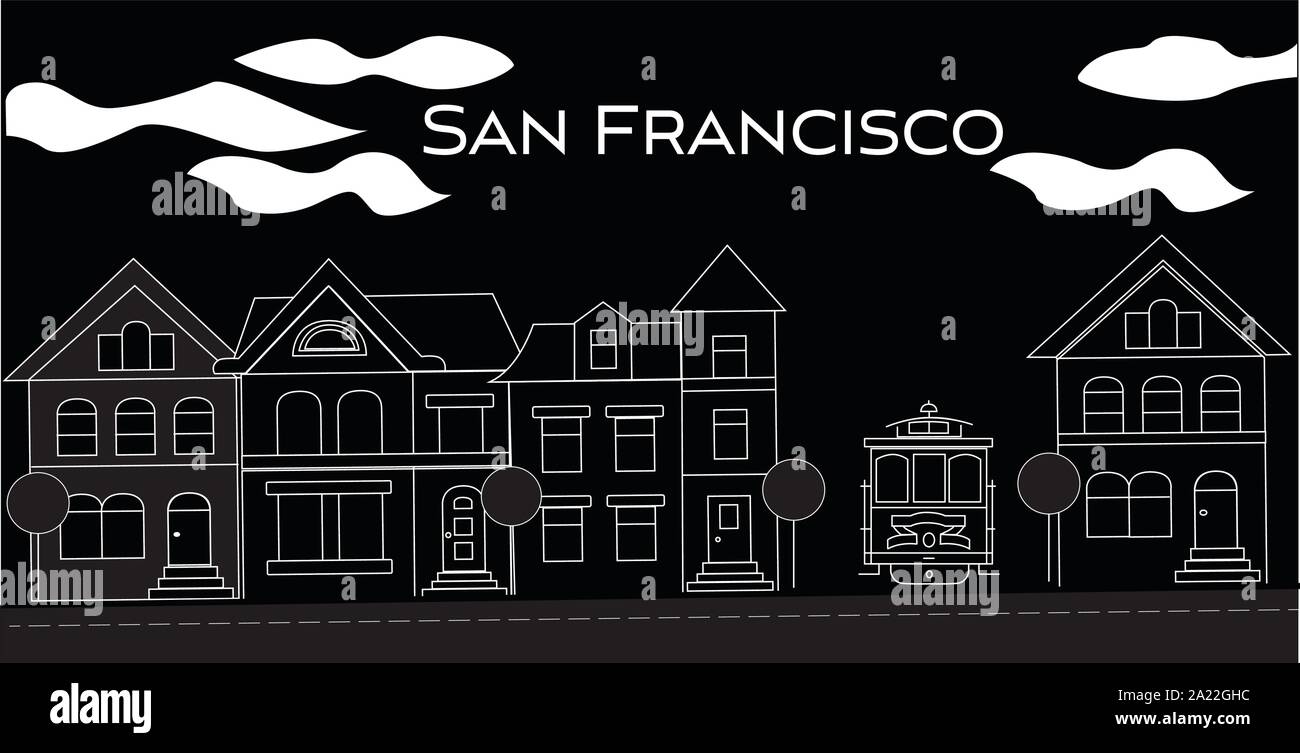 San Francisco white lettering. Vector with victorian houses and cable car on black background. Travel Postcard. Stock Vector