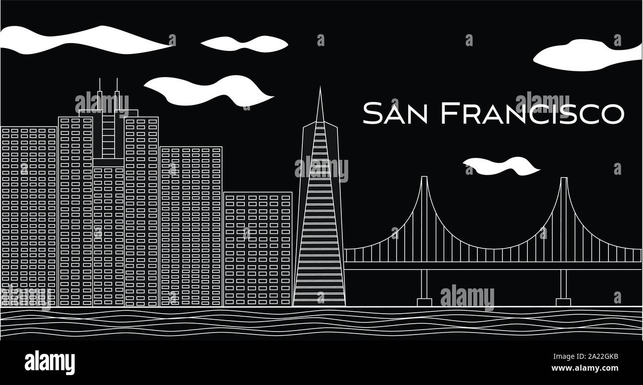 San Francisco white lettering. Vector with skyscrapers and golden gate bridge on black background . Travel postcard. Stock Vector