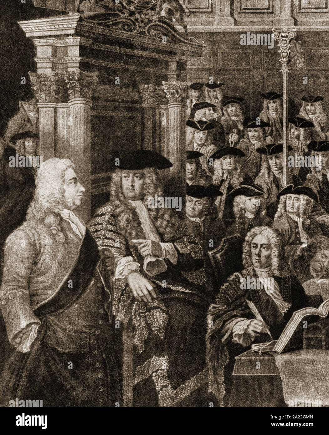 1700s-  A portrait of Arthur Onslow speaker of the British House of Commons In office from 23 January 1728 – 1761. In this portrait he chats to Sir Robert Walpole whilst Sir  Sidney Godolphin is  sitting bottom right Stock Photo