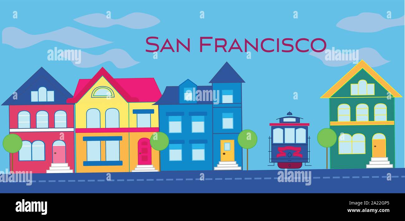 San Francisco magenta magenta lettering. Vector with colorful victorian houses and cable car on lightblue cloudy background. Travel Postcard. Stock Vector