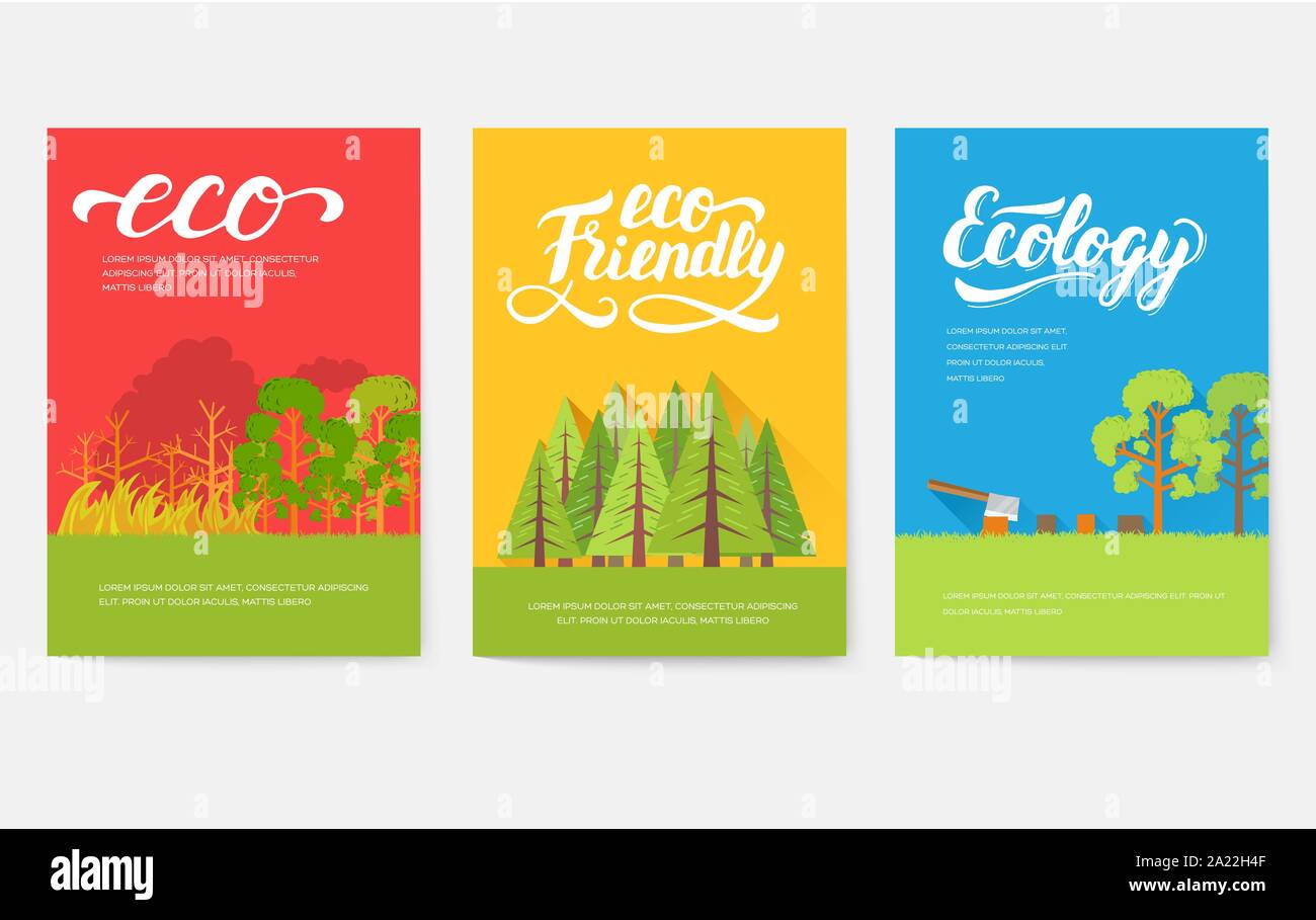 Ecology information cards set. Ecological template of flyear, magazines, posters, book cover, banners. Eco infographic concept background. Layout illustrations modern pages with typography Stock Vector