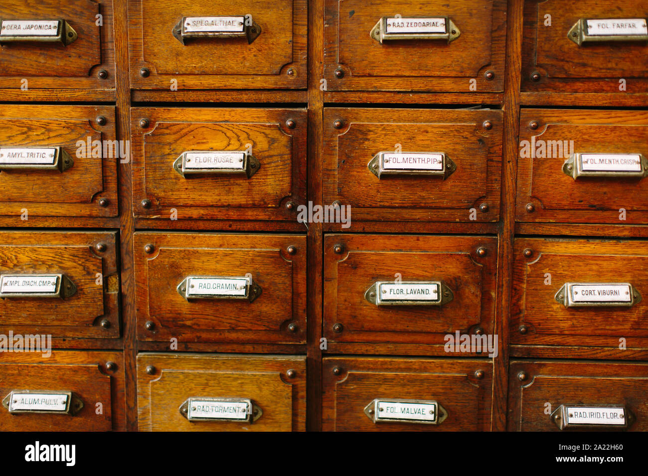 Old Pharmacy Drawer With Latin Names Of Drugs As A Texture Old