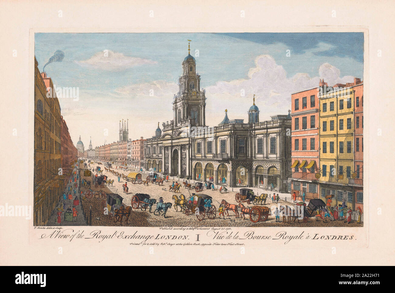 A View of the Royal Exchange London.   After a print dated 1751 by Thomas Bowles.    Later colourization. Stock Photo