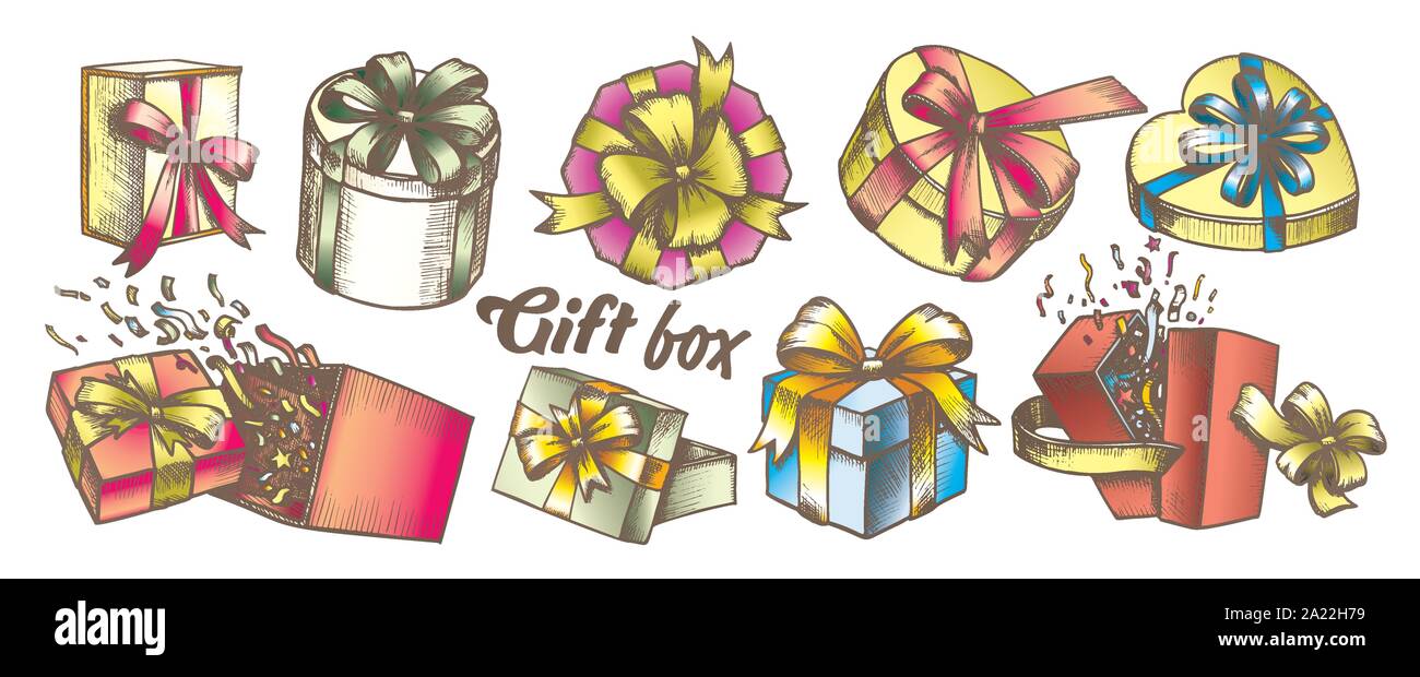 Gift Box With Ribbon Collection Color Set Vector Stock Vector Image ...