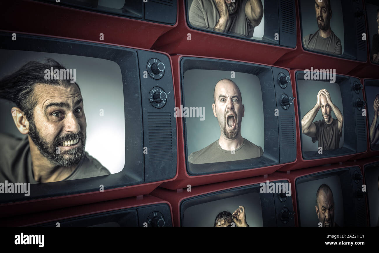 different portraits of people with sad or angry expressions inside old televisions. Stock Photo
