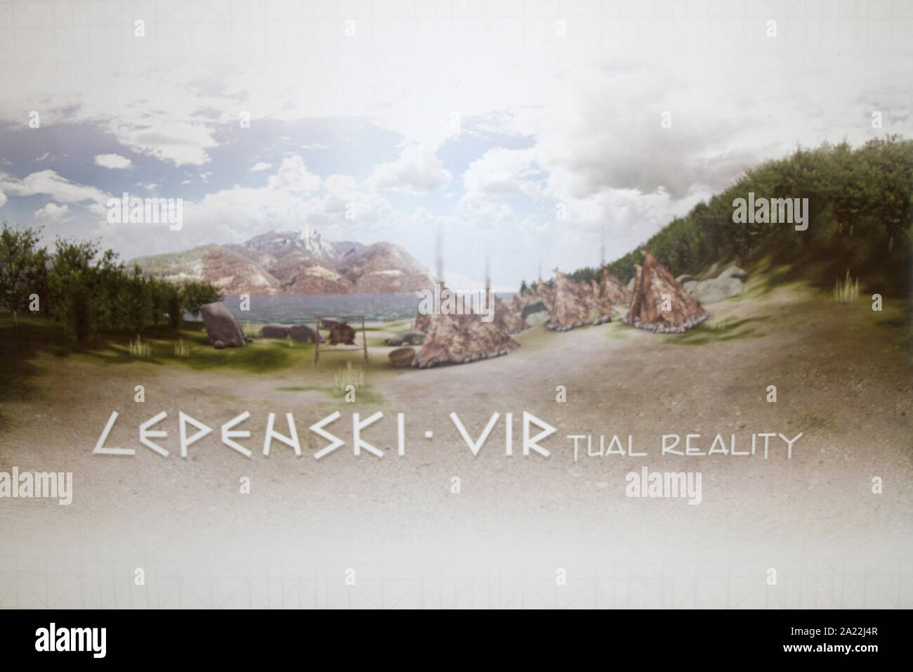 LEPENSKI VIRtual REALITY poster for a presentation at Lepenski Vir AKA Lepena Whirlpool, archaeological site of the Mesolithic Iron Gates culture of the Balkans, Boljetin, Serbia. Stock Photo