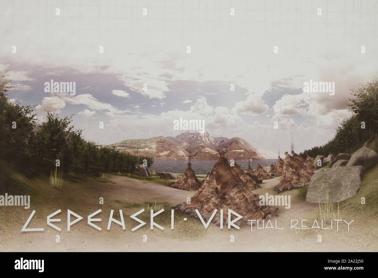 LEPENSKI VIRtual REALITY poster for a presentation at Lepenski Vir AKA Lepena Whirlpool, archaeological site of the Mesolithic Iron Gates culture of the Balkans, Boljetin, Serbia. Stock Photo
