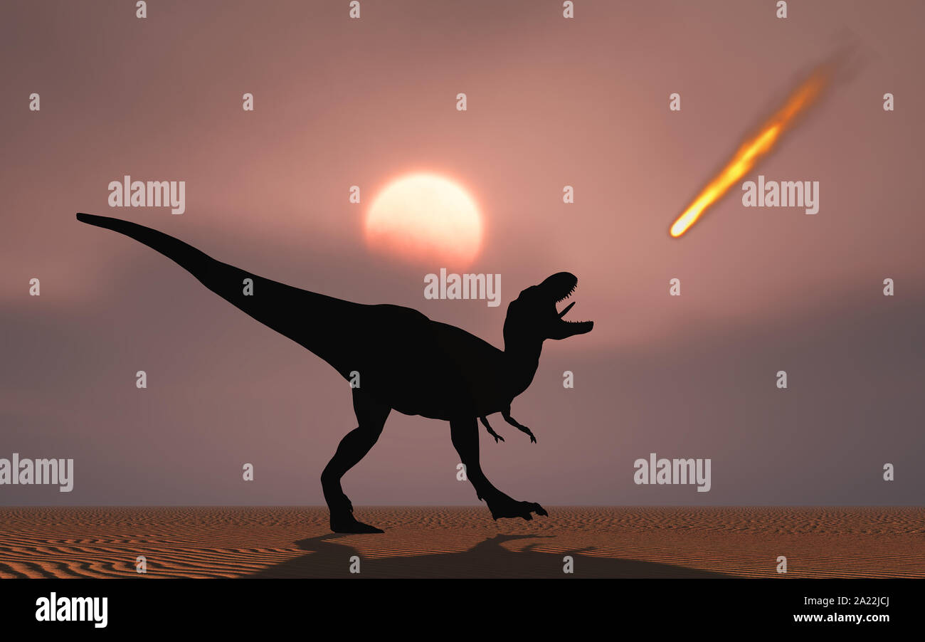 Tyrannosaurus rex fleeing from an asteroid strike - Stock Image