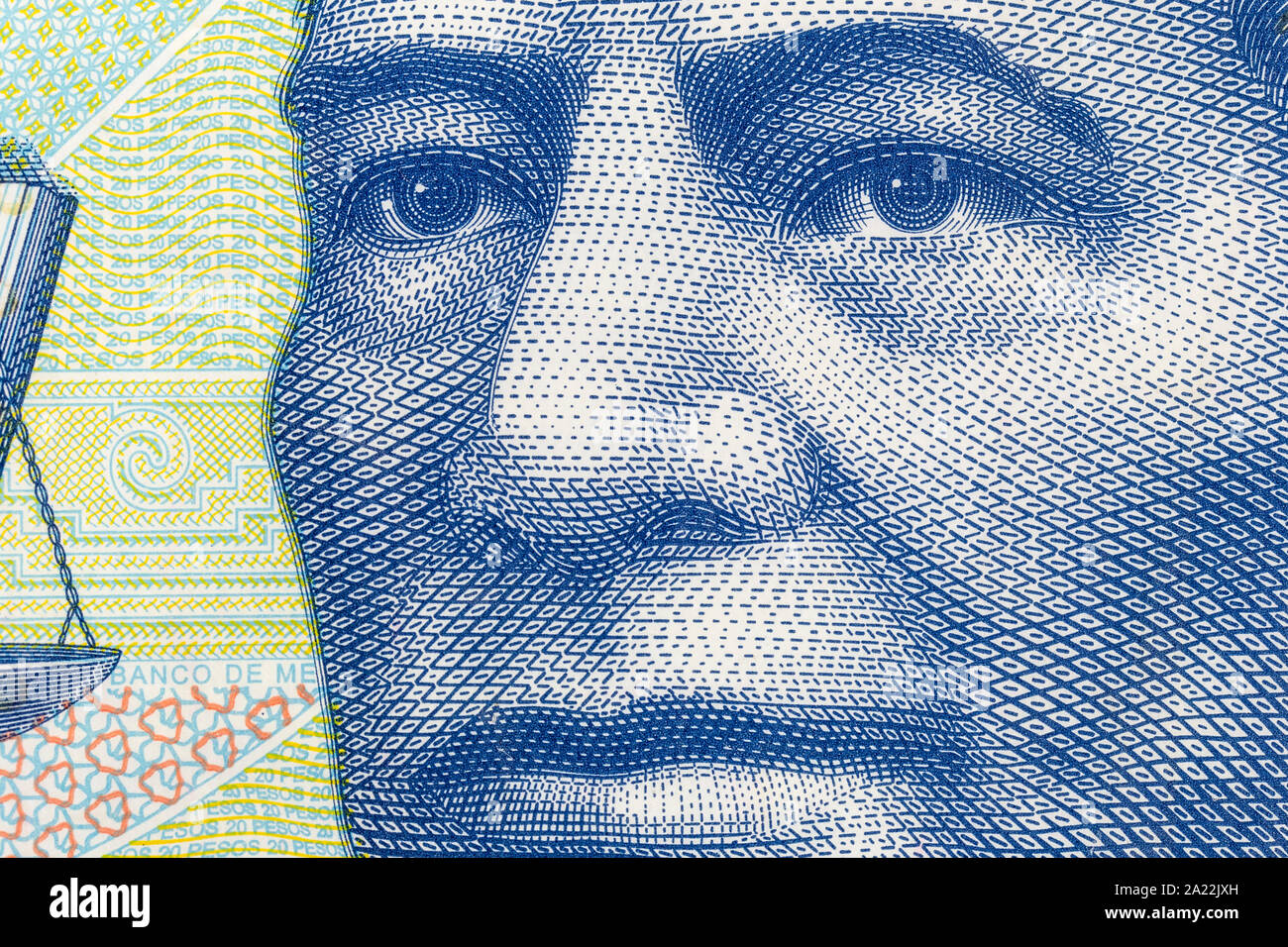 Macro close up photo of Benito Juarez on the Mexican 20 Peso currency note. Stock Photo