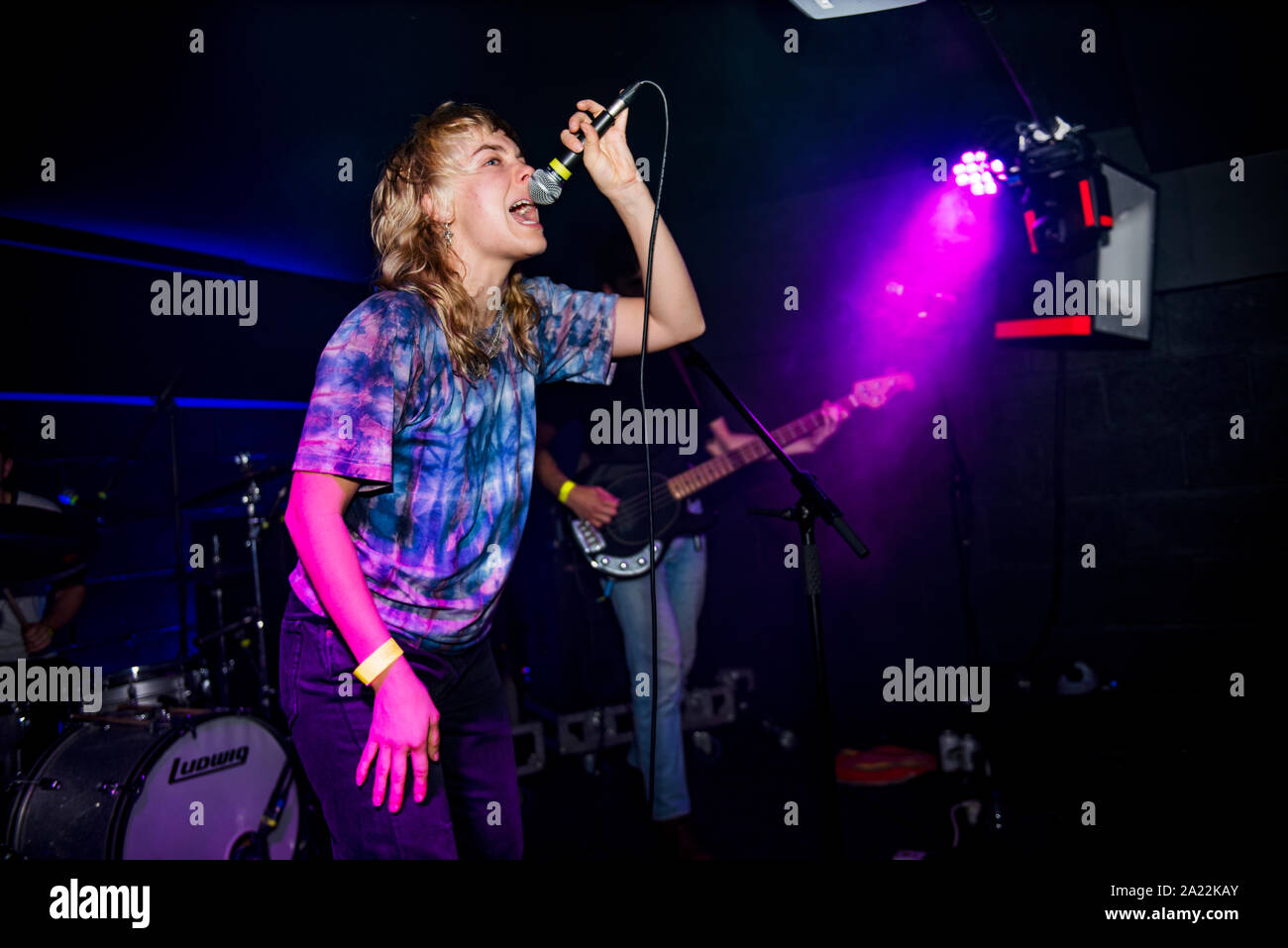 Manchester, UK. 29th September 2019. Annabel Liddell, Tom Leggett, Jun  Park, Chris Marshall of the band Miss june perform in the basement of YES  bar in Manchester on their “Bad Luck Party”