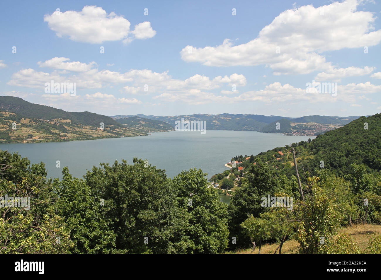 View of the Danube River from Lower Milanovac, Border between Serbia and Romania, Karapacos, Lower Milanovac, Serbia. Stock Photo