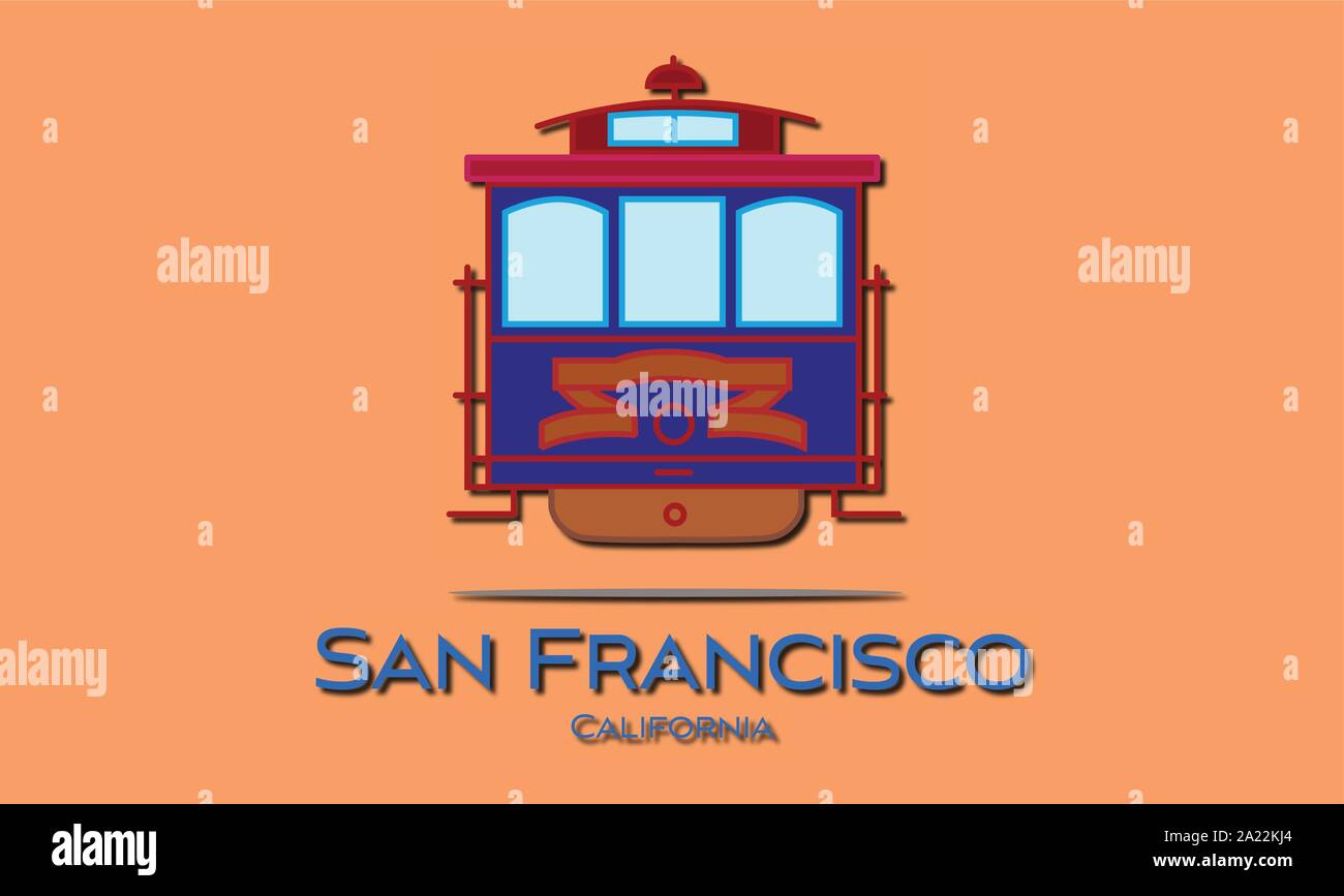San Francisco blue lettering. Vector with cable car on orange background. Travel Postcard. Stock Vector