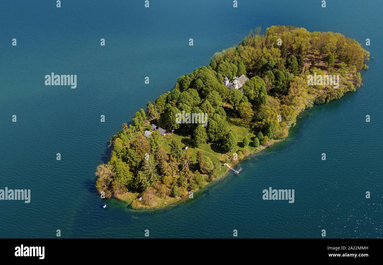 Art of island in Slovakia. Amazing little island on a lake. Slanica Island of Art Stock Photo