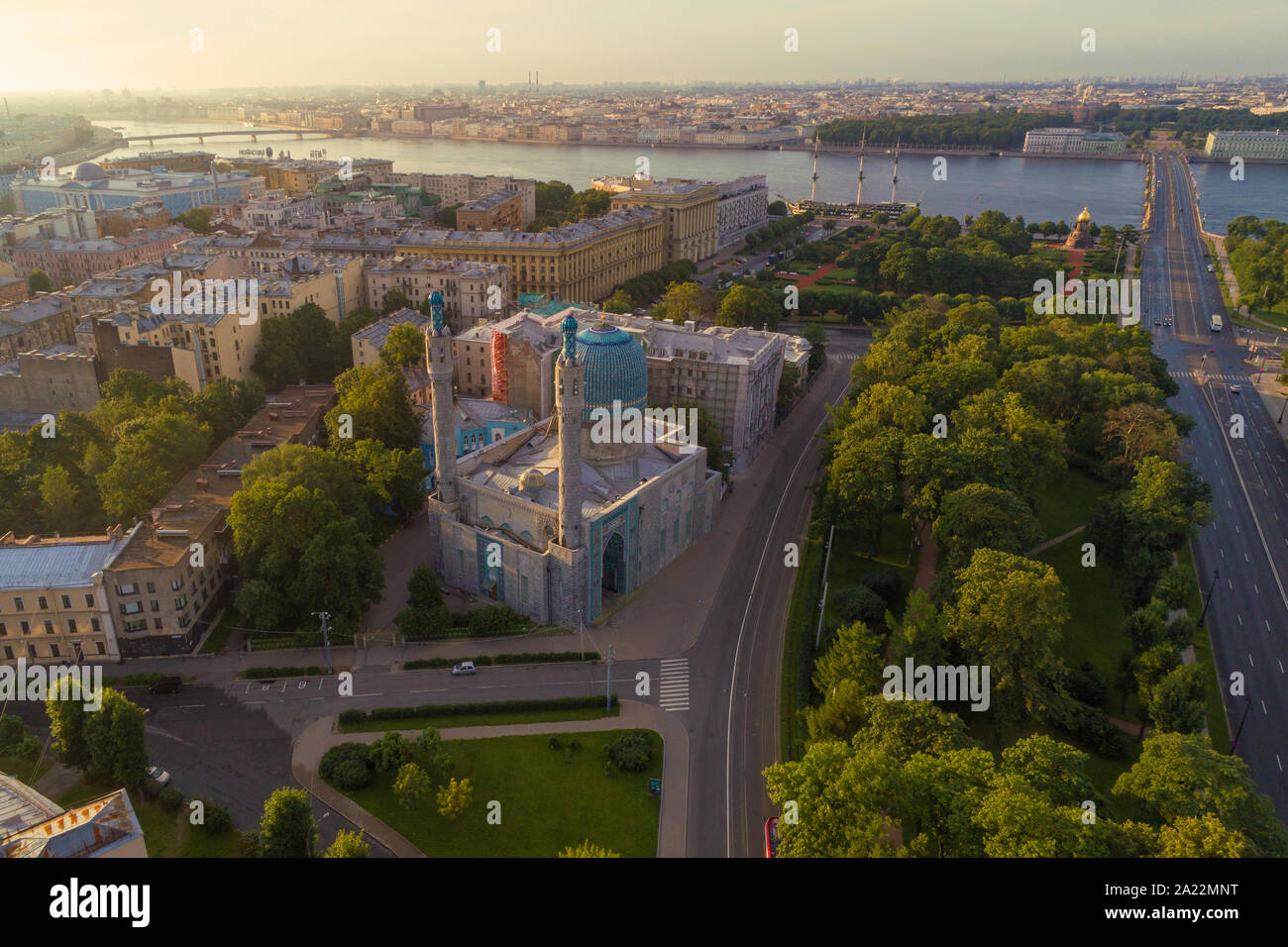 St. Petersburg Mosque in the cityscape on a warm July morning (aerial photography). Russia Stock Photo