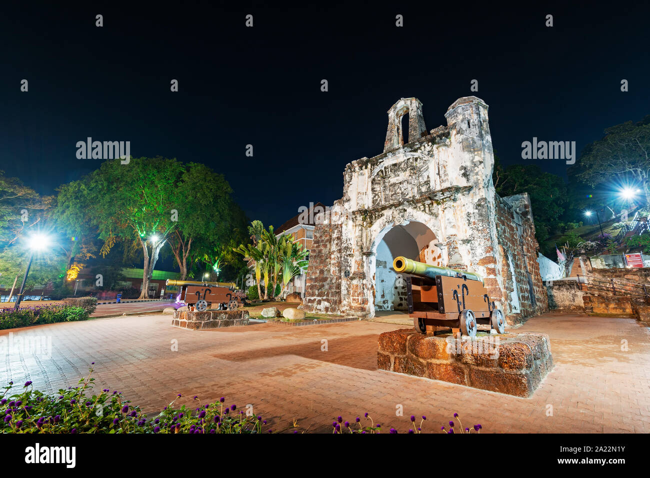 Night View of the Remains of A Famosa Portuguese Fort in Melaka, Malaysia. Stock Photo