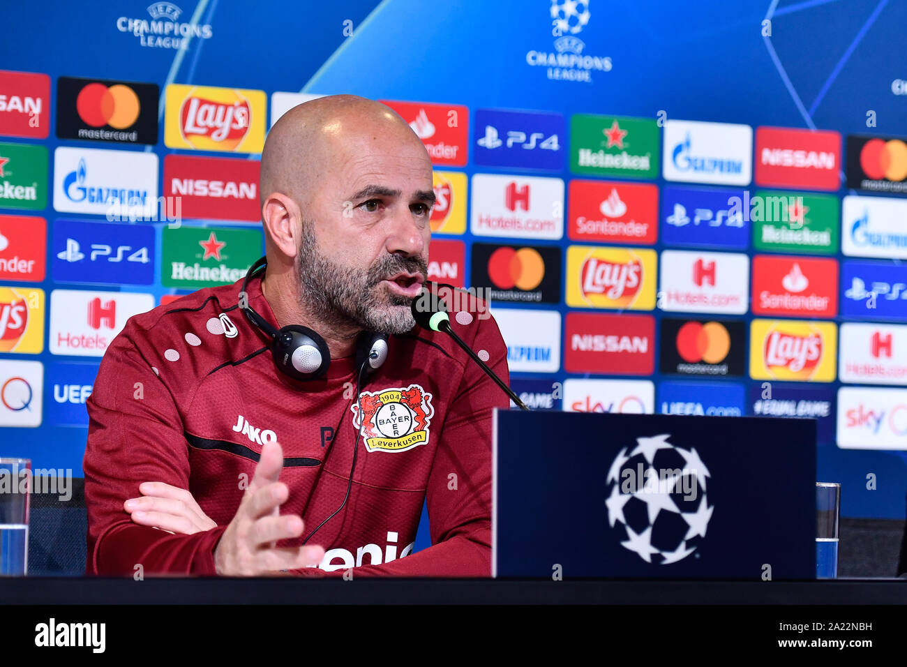Peter Bosz, head coach of Bayer 04 Leverkusen, during the media