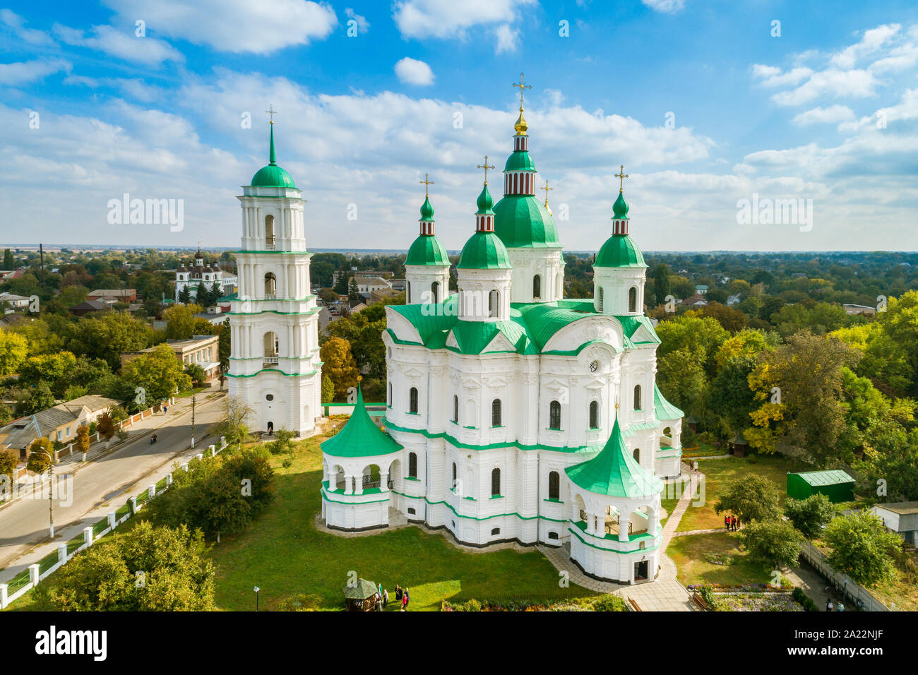 Aerial view of  Cathedral of the Nativity of the Most Holy Mother of God  in Kozelets town, Chernihiv region, Ukraine. Cathedral built in ukrainian Ba Stock Photo