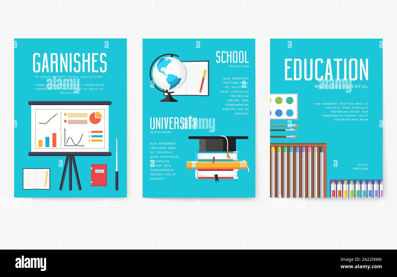 Back to school information cards set. Student template of flyear, magazines, posters, book cover, banners. College education infographic concept background. Layout illustrations modern Stock Vector