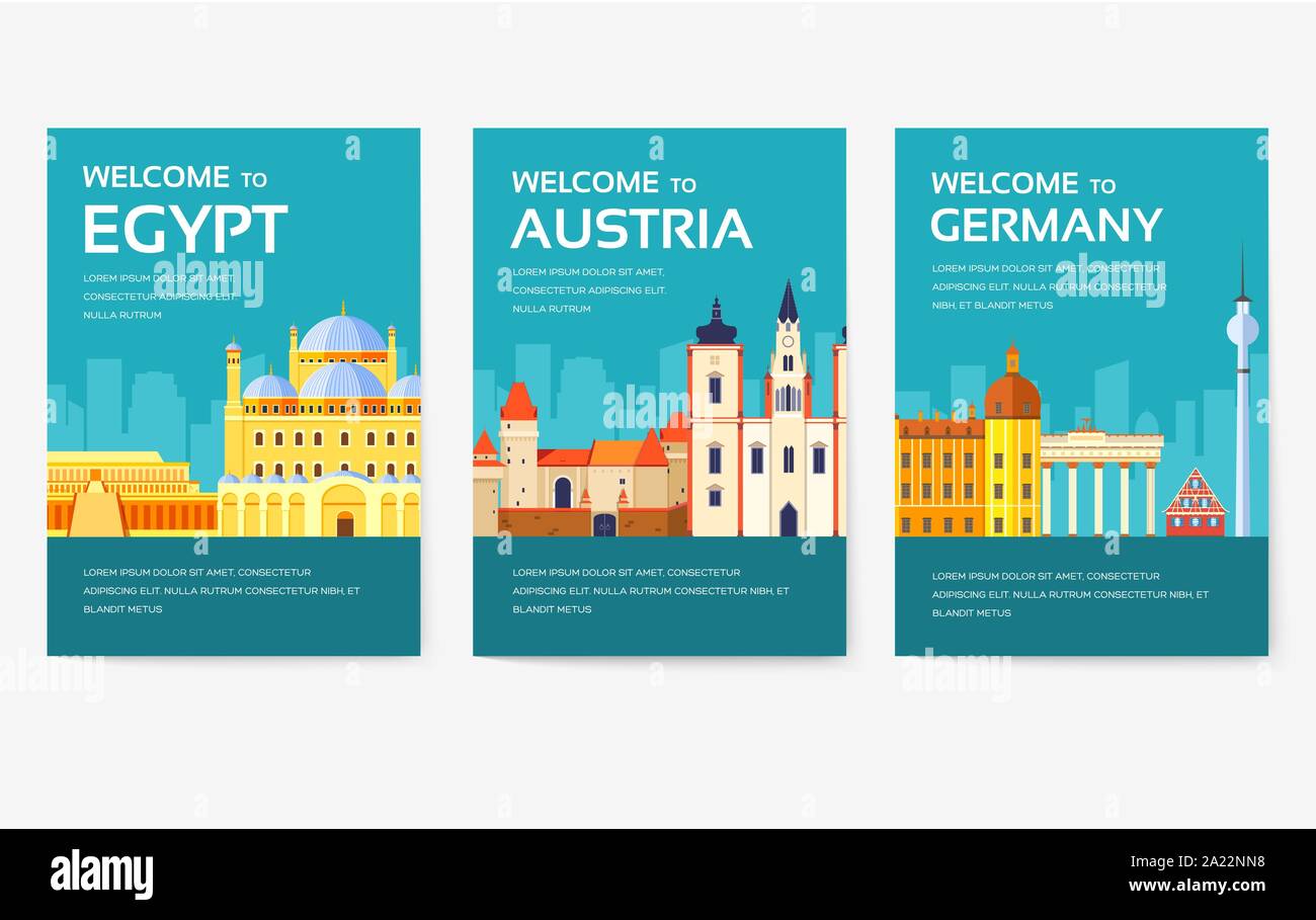 Country of Egypt, Austria, Germany, India, Russia, Thailand, Japan, Italy card set. Travel of the world of flyer, magazines, poster, book cover, banner. Layout infographic template illustration Stock Vector